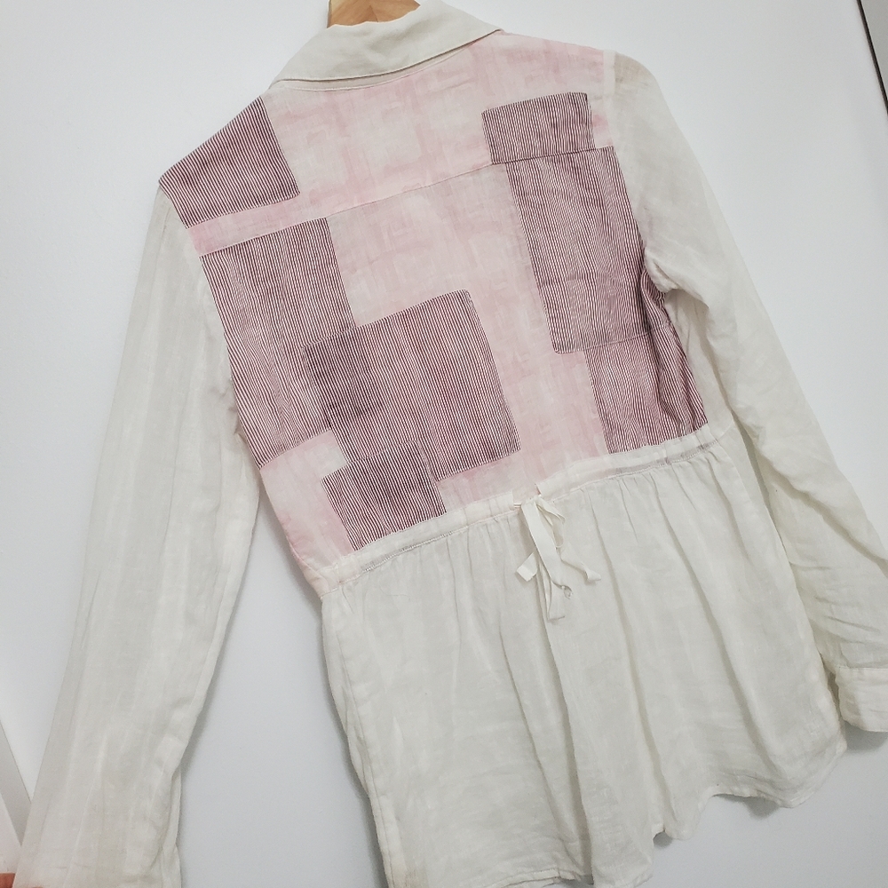 Free People White Linen Blouse with Pink Patchwork Back
